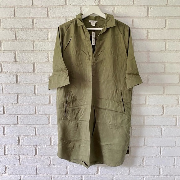 LOFT Outlet Lounge Dress Green Collared Knee Length Pockets Half Sleeve Medium - Picture 1 of 10